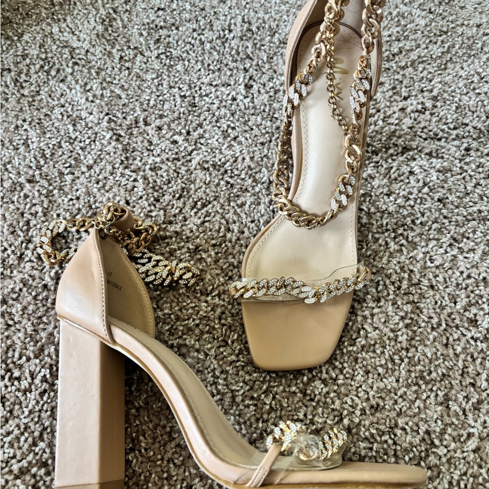 Elegant Chain-Embellished Tan Heels